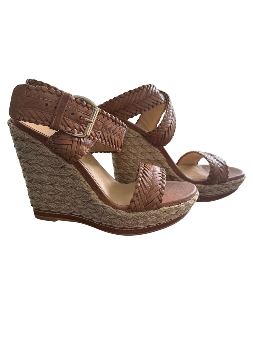 Women Stuart Weitzman Brown Woven Leather Espadrille Wedge Ankle Strap Sandals